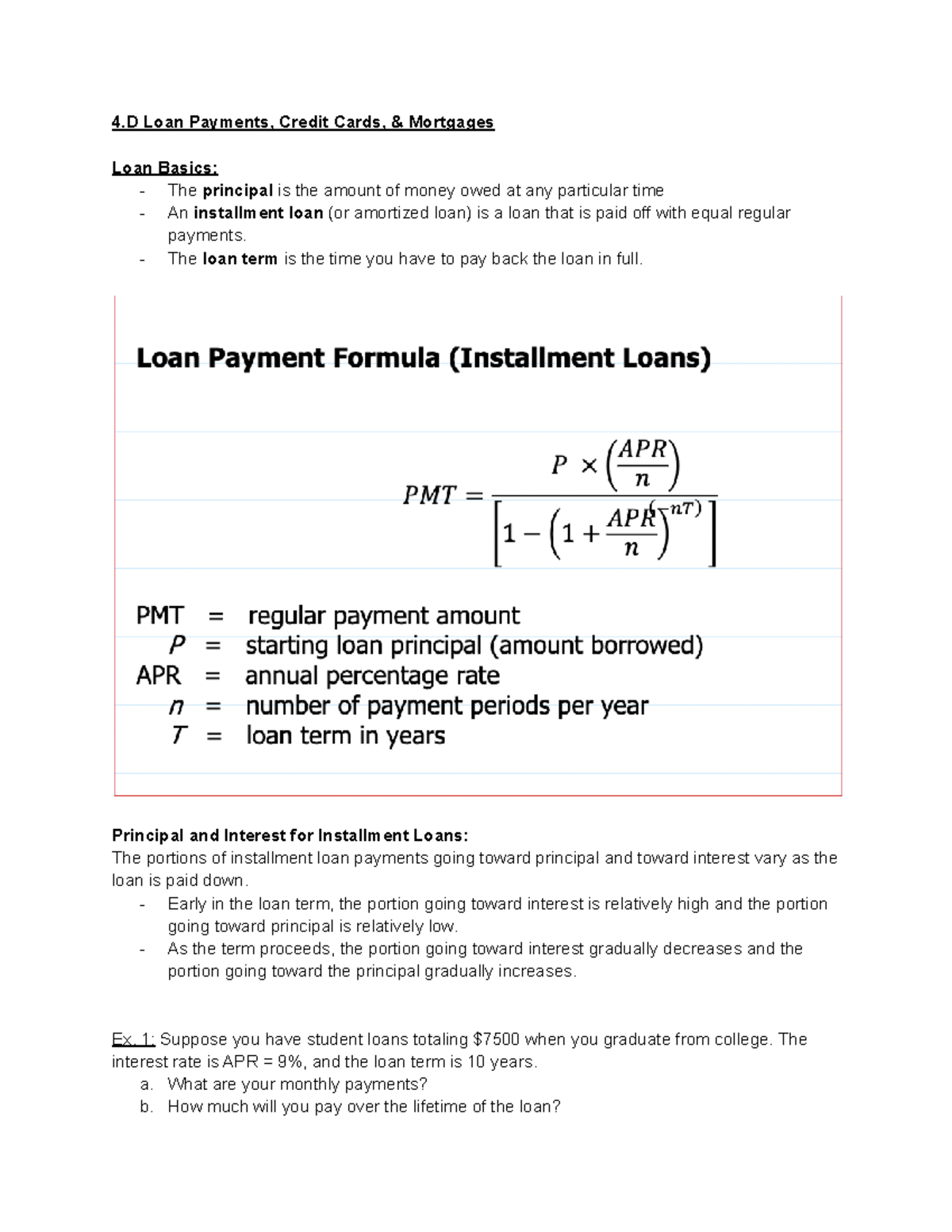 4.D Loans ect - 4 Loan Payments, Credit Cards, & Mortgages Loan Basics ...