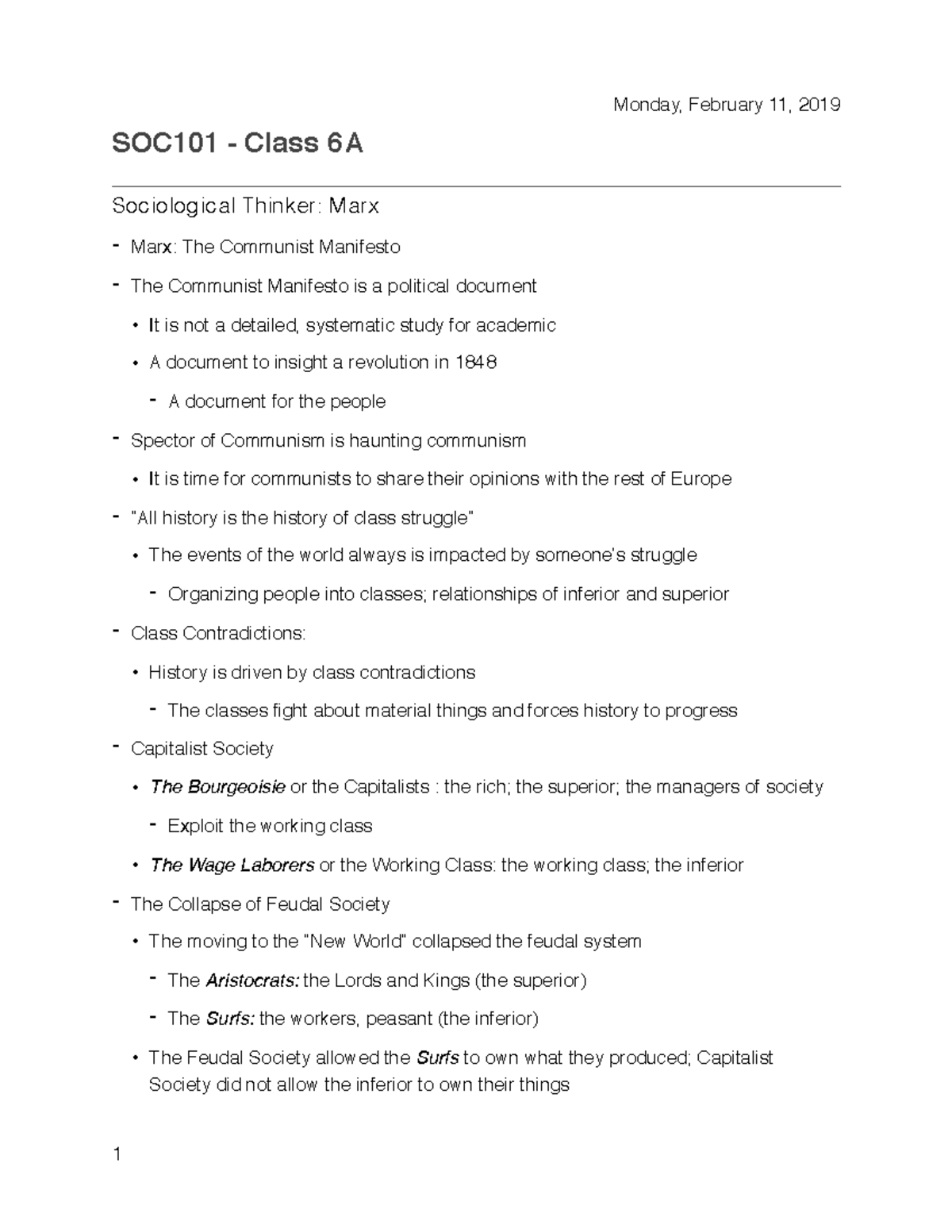 SOC101 - Class 6A - Lecture notes 6A - Monday, February 11, 2019 SOC101 ...