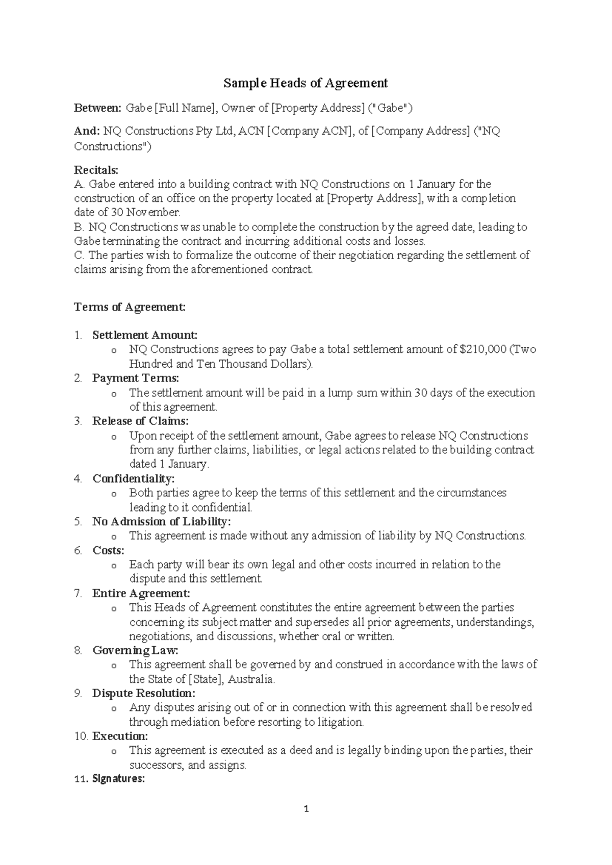 Sample Heads of Agreement - Sample Heads of Agreement Between: Gabe ...