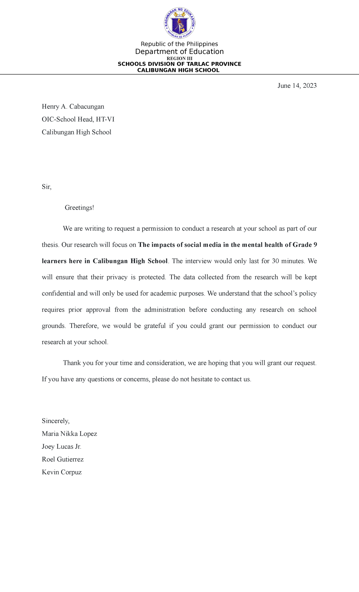 Permission-Letter - Practical research - Republic of the Philippines ...