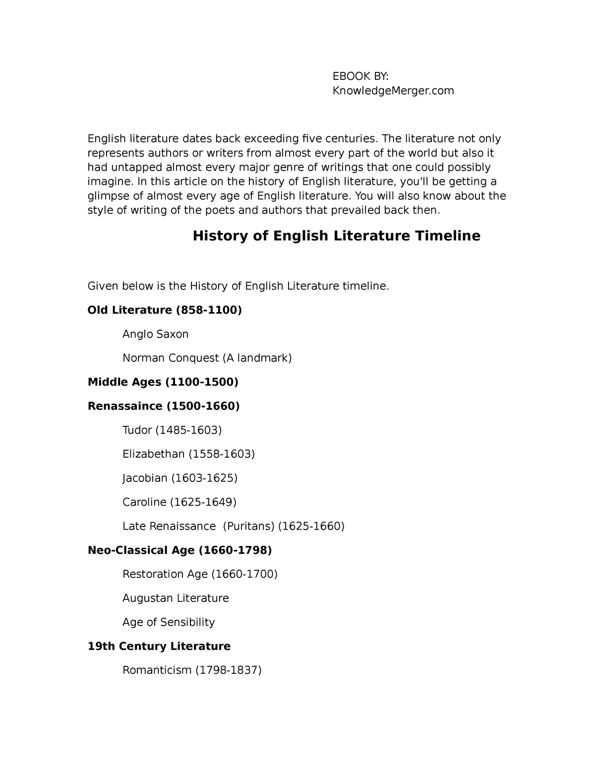 History Of English Literature EBOOK BY KnowledgeMerger English 