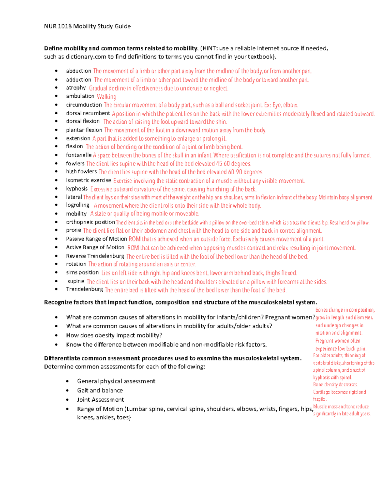 Mobility Study Guide NUR 1018 Mobility Study Guide Define mobility