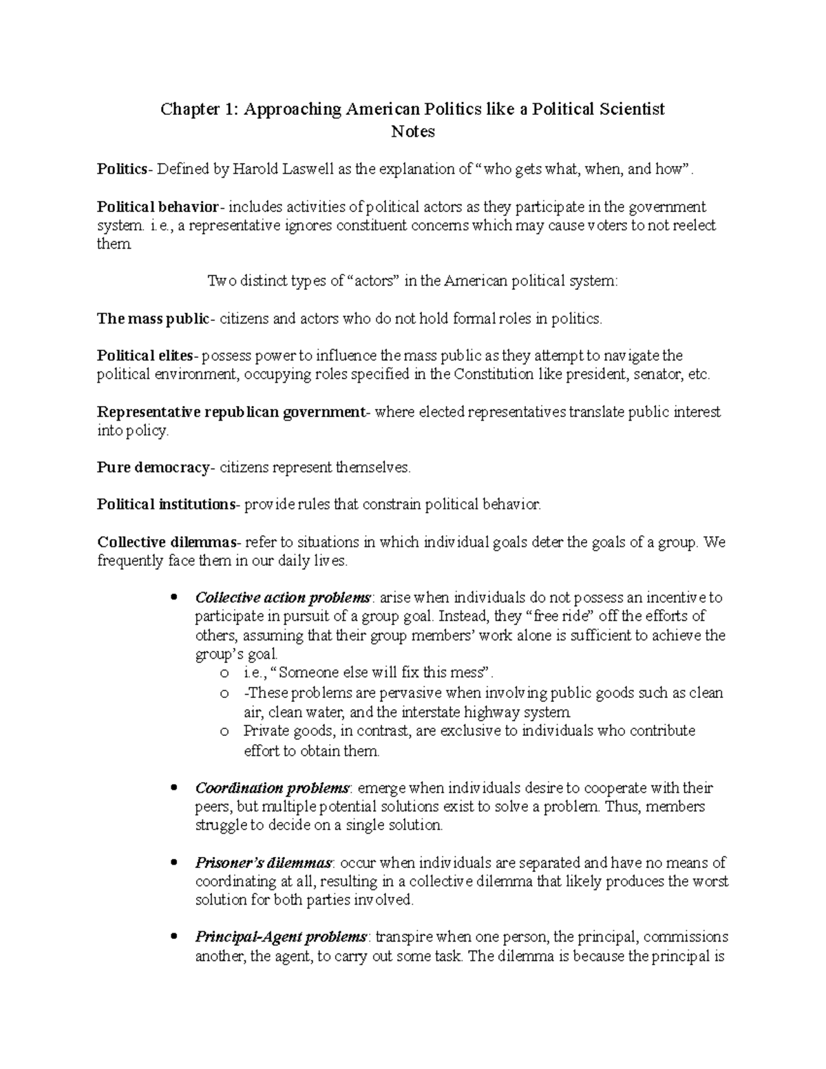 Chapters 1-2 Notes American Politics - Chapter 1: Approaching American ...