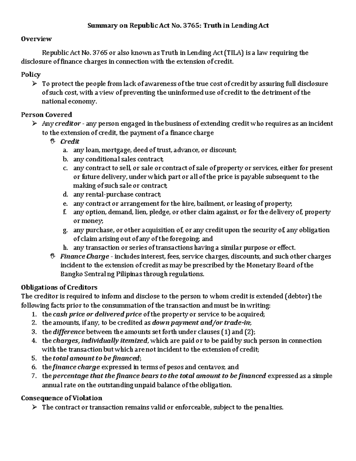 RA 3765 Truth in Lending Act - Summary on Republic Act No. 3765: Truth ...