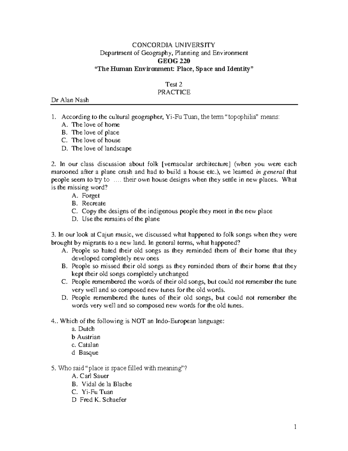 GEOG 220 practice TEST 2 CONCORDIA UNIVERSITY Department of Geography