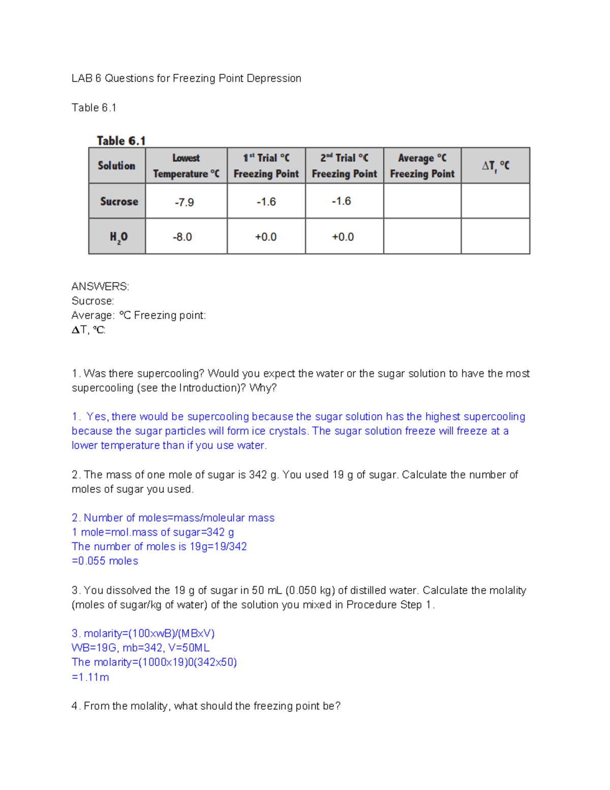 1.4.3 Chemistry Lab Freezing Point Depression LAB 6 Questions for