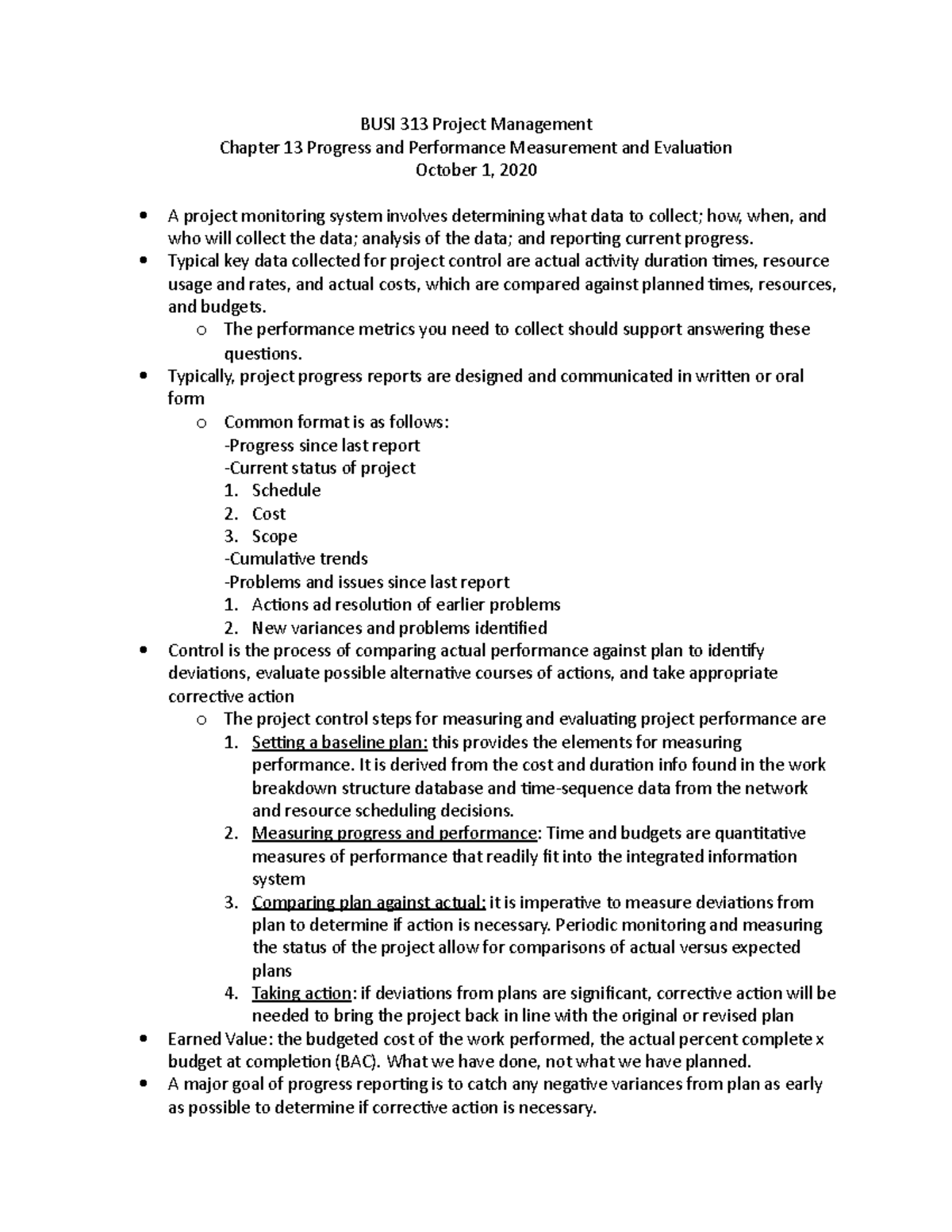 BUSI 313 Project Management Chapters 13-15 - Typical key data collected ...