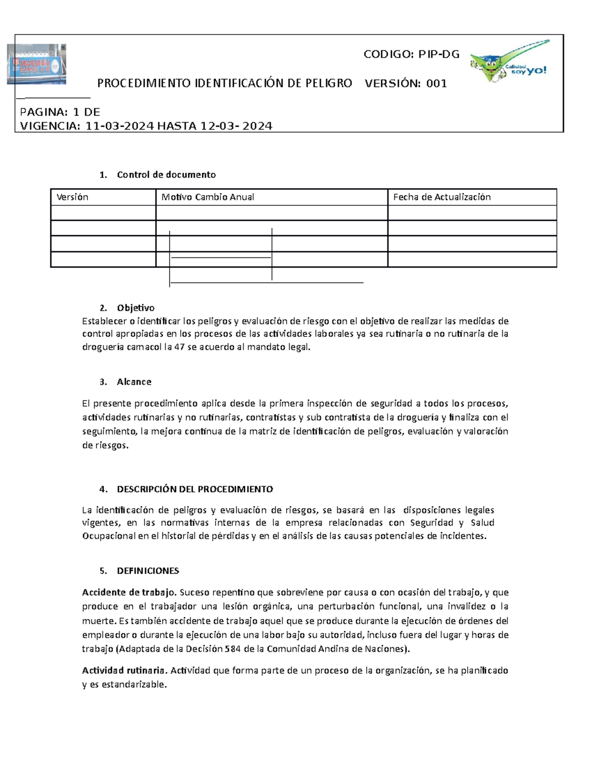 Procedimiento Identificación DE Peligros - PROCEDIMIENTO IDENTIFICACIÓN ...