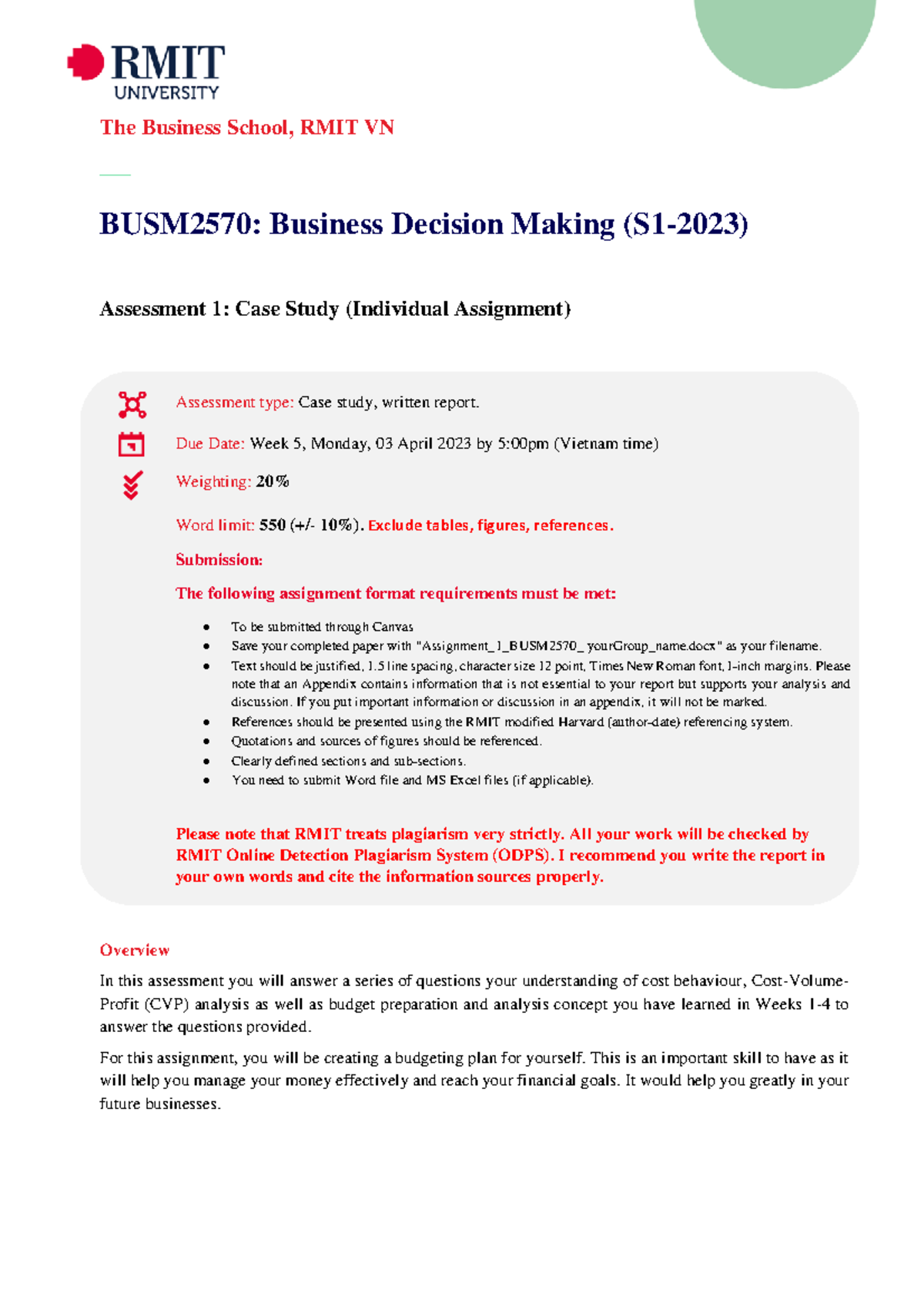 Assessment 1 - Questions - final-2 - The Business School, RMIT VN ...