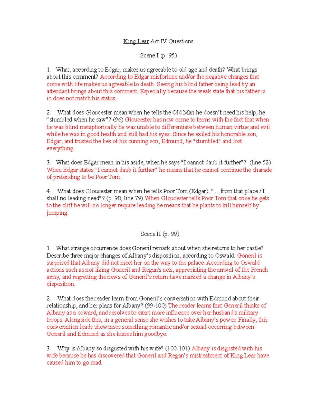 Lear act 4 questions King Lear Act IV Questions Scene I (p. 95) What