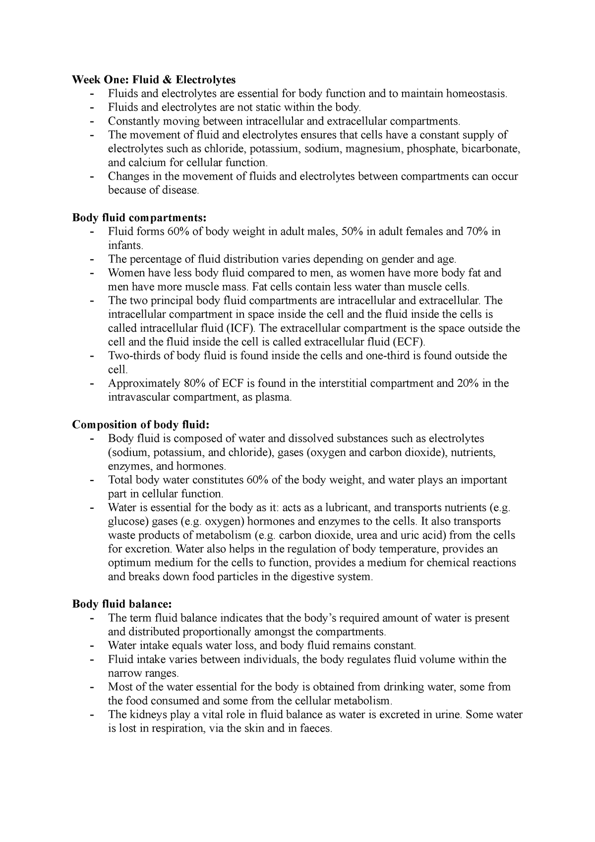 Fundamentals of nursing notes Week One Fluid & Electrolytes Fluids