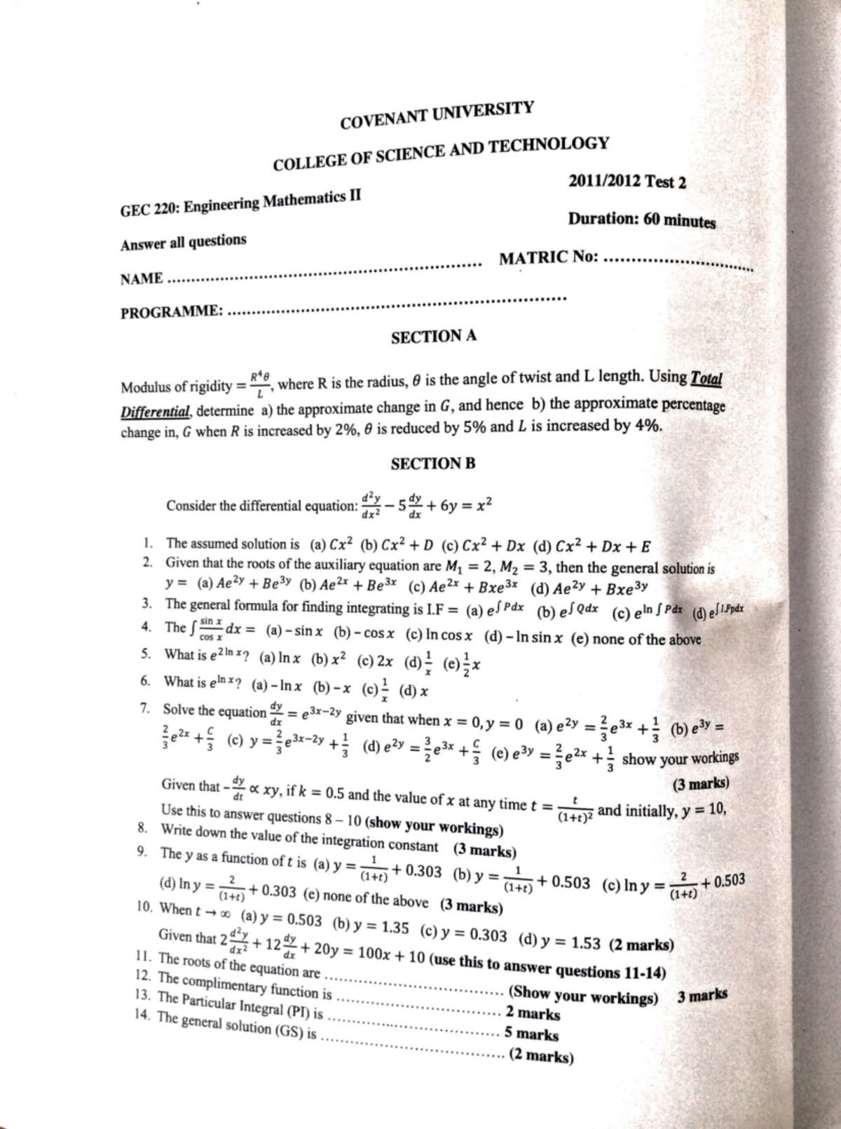 GEC 220 Engineering Mathematics Past Questions File for 4 years - Studocu