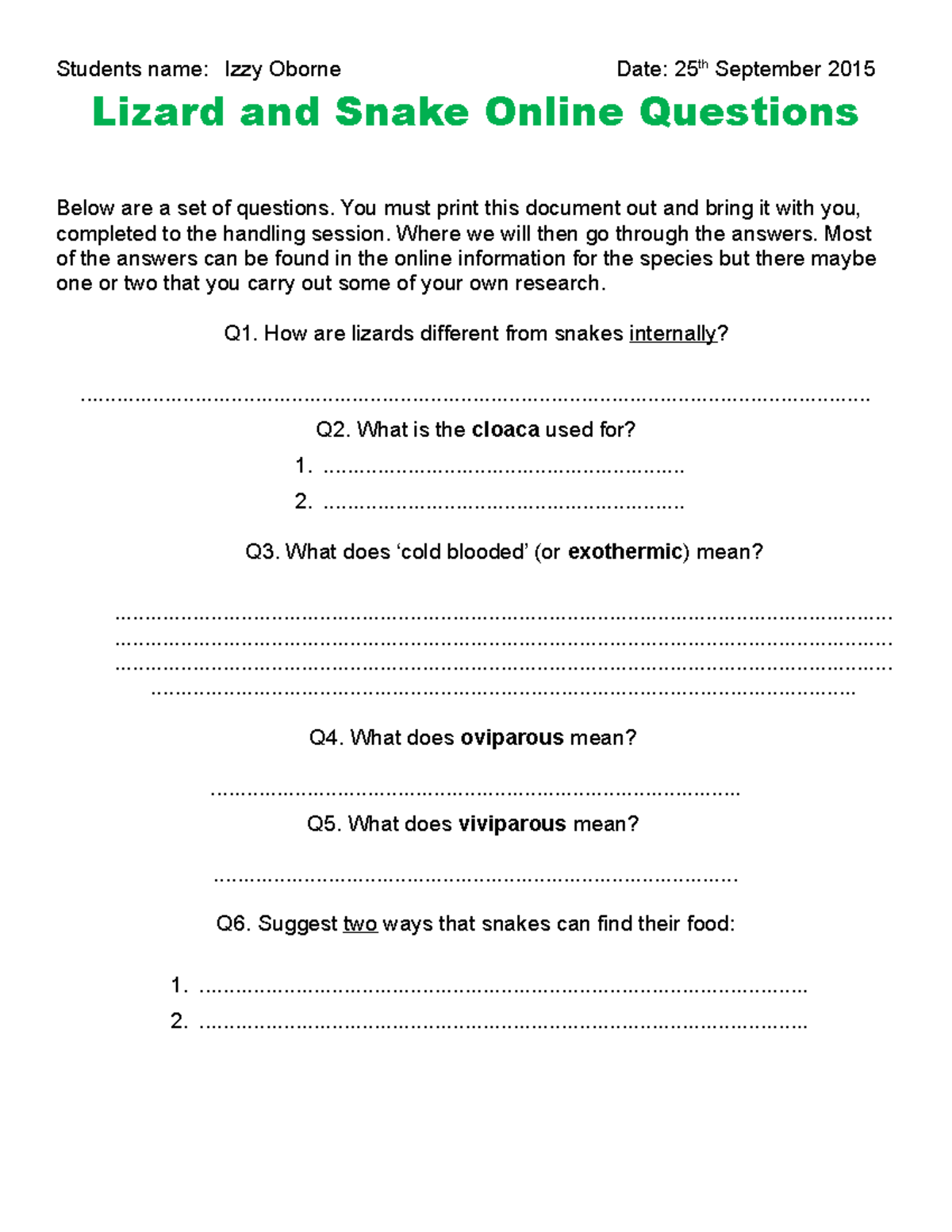 Online questions - Lizards and Snakes - Students name: Izzy Oborne Date ...