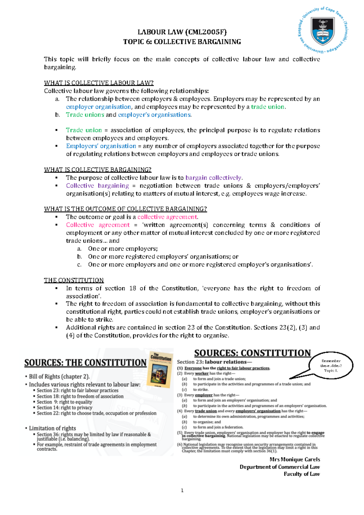 6. Collective Bargaining - 1 LABOUR LAW (CML2005F) TOPIC 6: COLLECTIVE ...