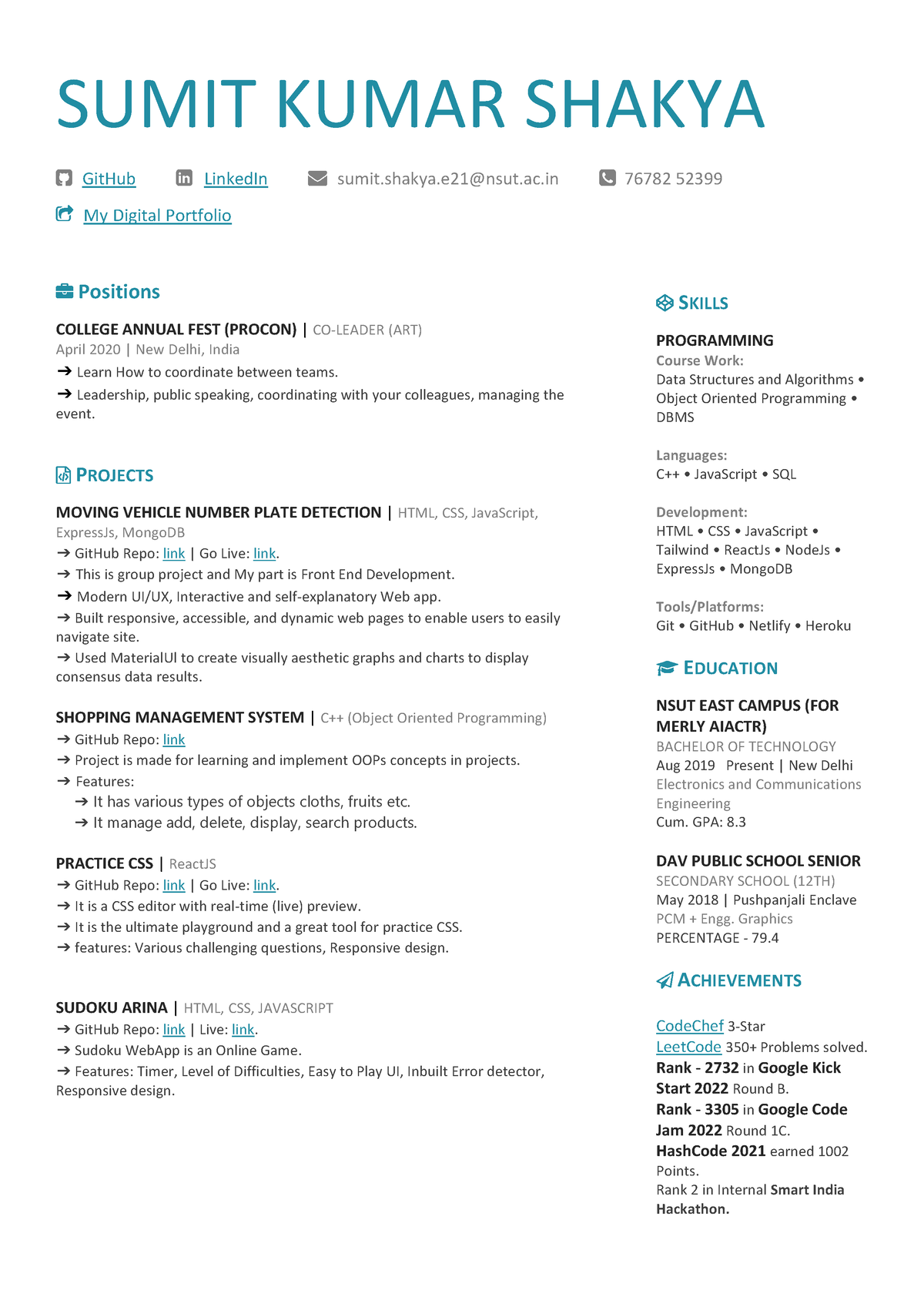 Sumit Kumar Shakya resume - SUMIT KUMAR SHAKYA GitHub LinkedIn sumit ...