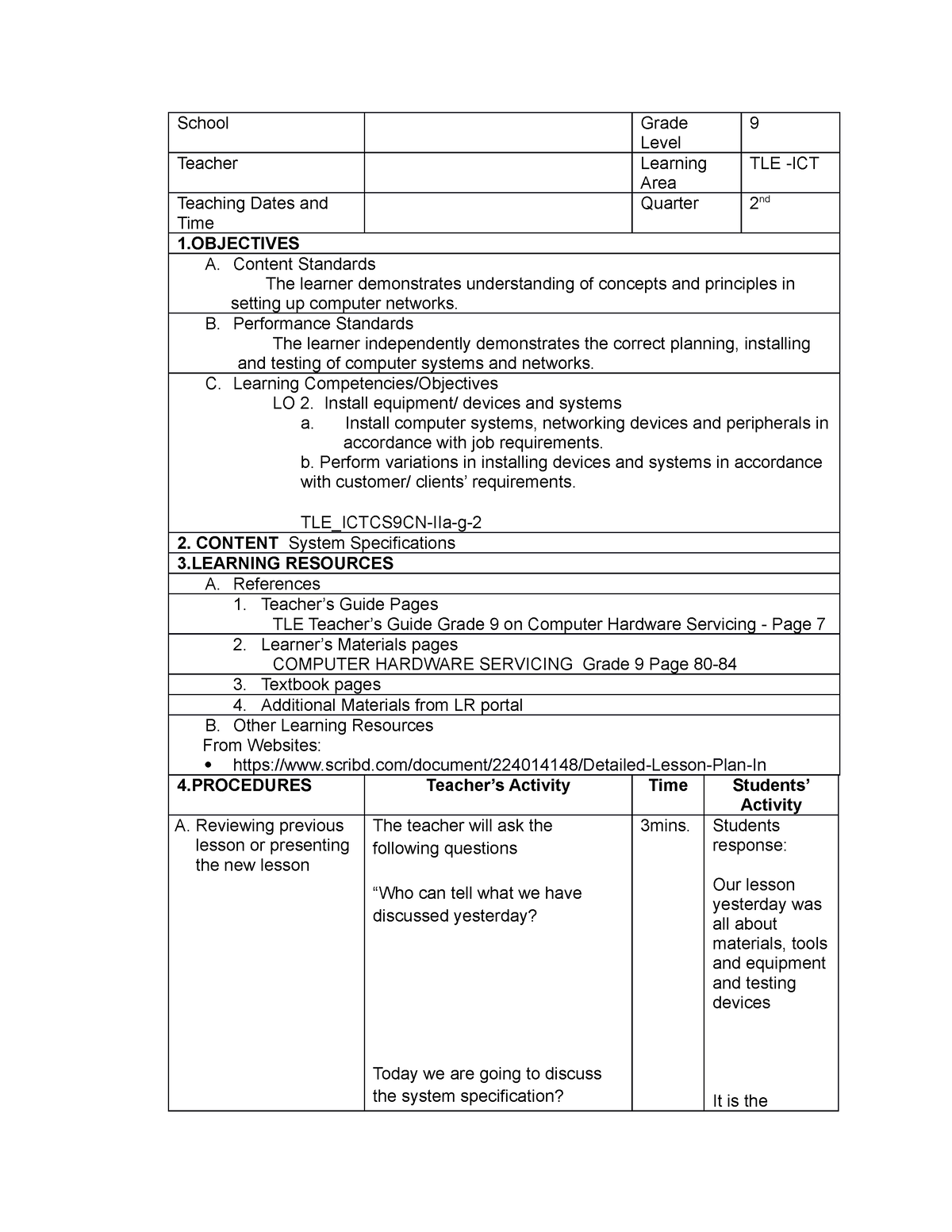 Lesson 2 system specification Grade 9 ICT - School Grade Level 9 ...