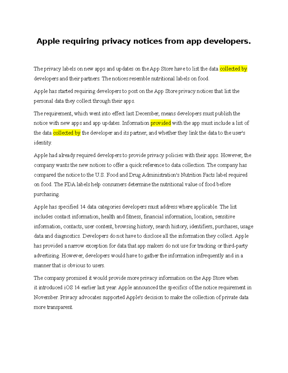 Reading text Apple requiring privacy notices from app developers