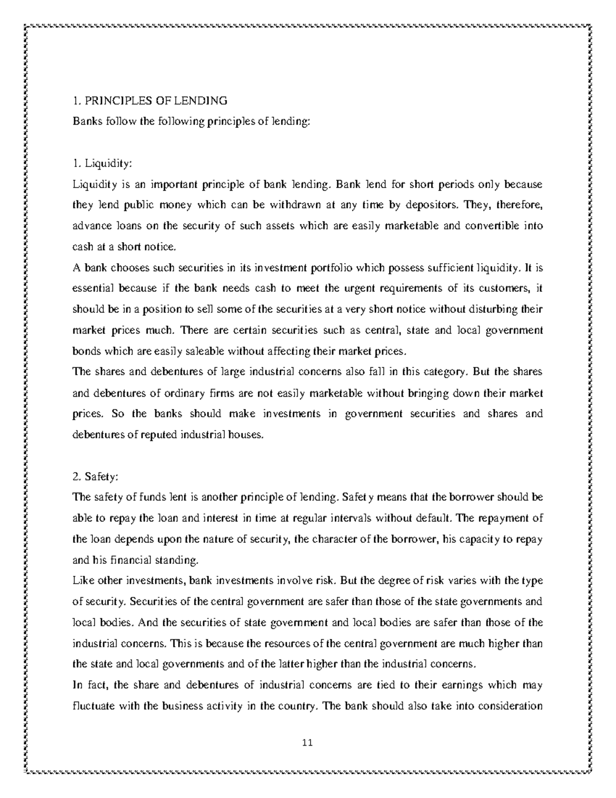 U2 - Lending, recovery and securities by bank - 11 1. PRINCIPLES OF ...