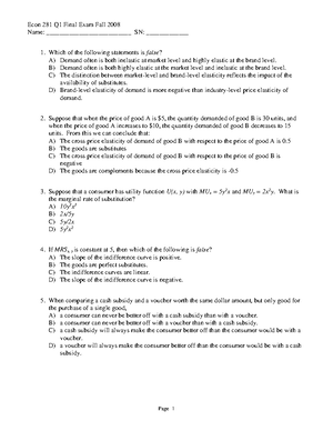 Exam 2011, questions and answers - Econ 281 (A2) Fall 2011 Midterm I ...