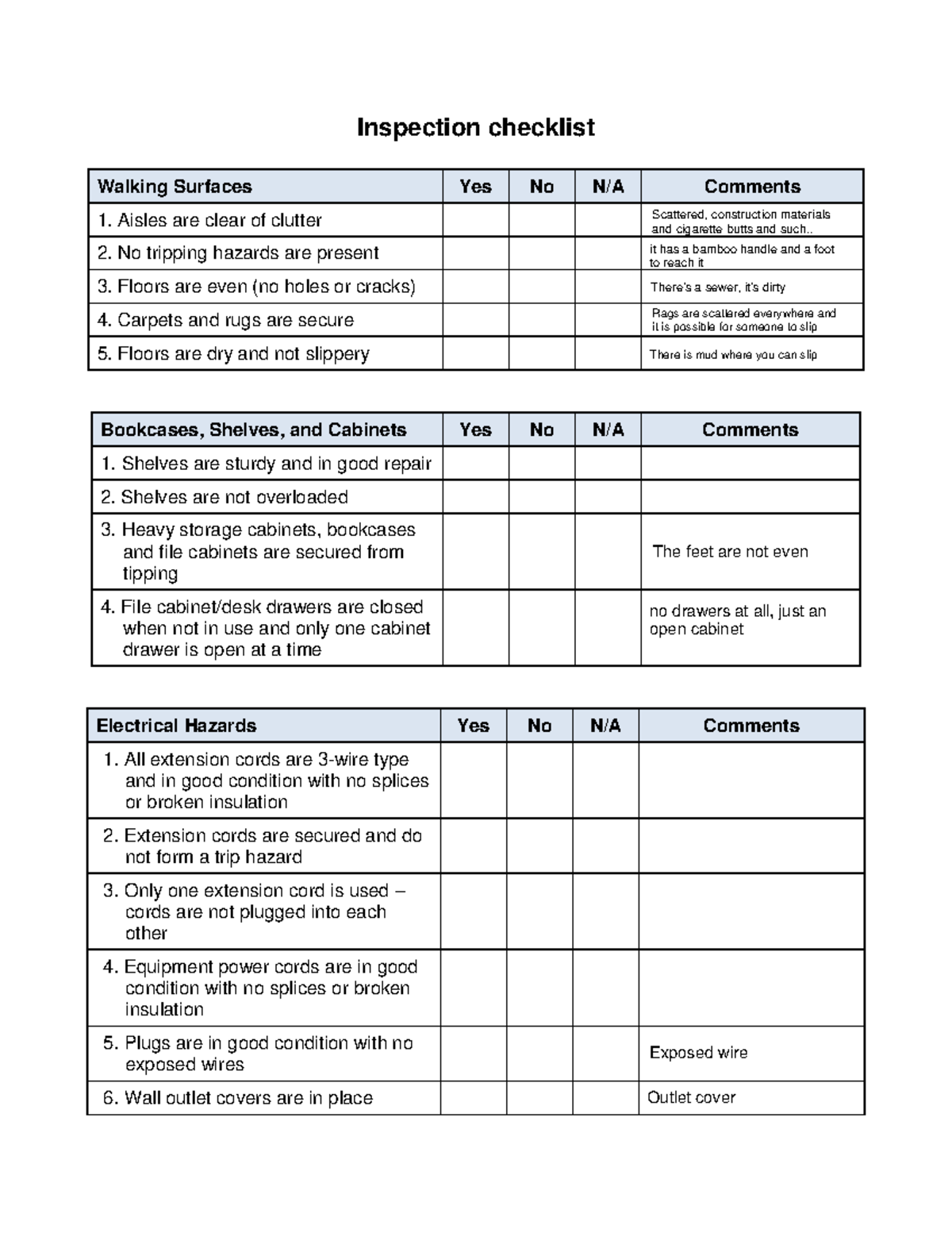Exercise No-3 Checklist - Inspection checklist Walking Surfaces Yes No ...