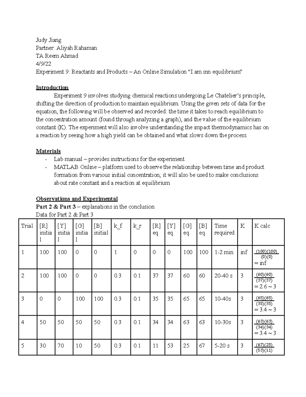CHEM 106 LAB 9 Experiment 9 Reactants and Products An Online