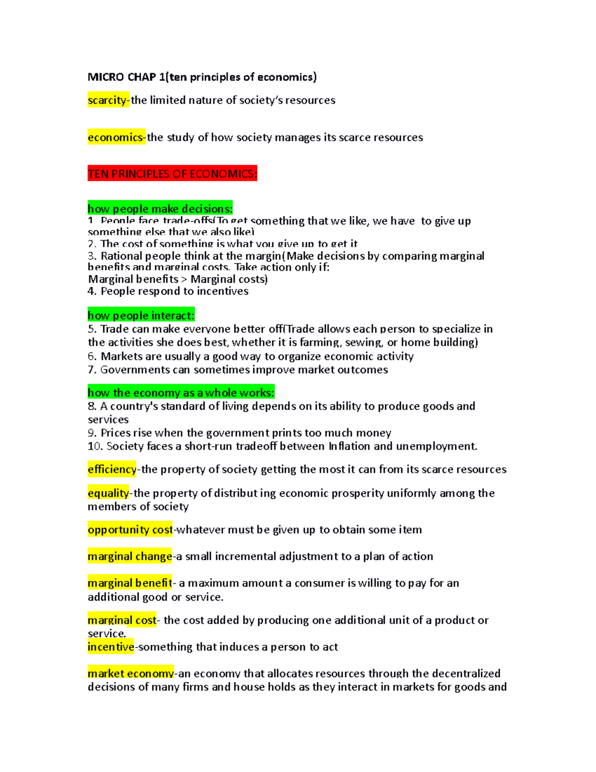 FULL- Micro - chapter summaries - Principles of Economics - MICRO CHAP ...