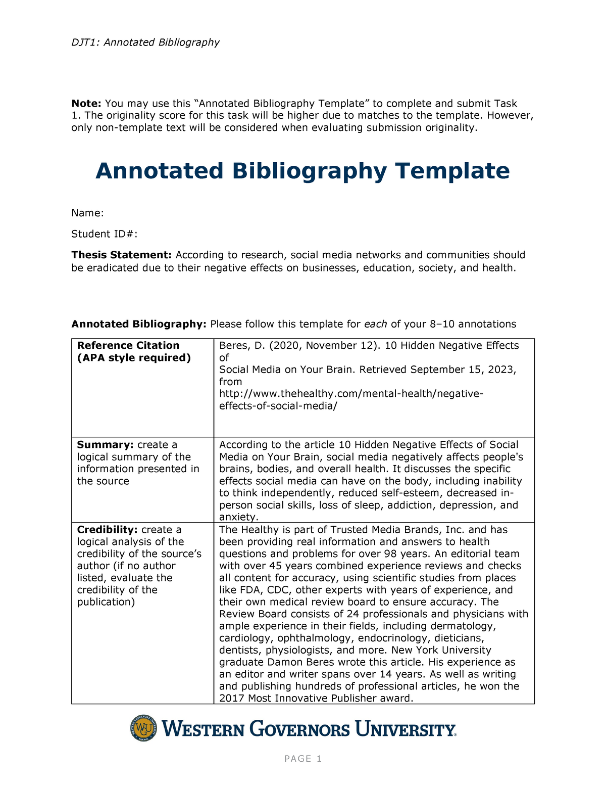 Annotated Bibliography Template - The originality score for this task ...