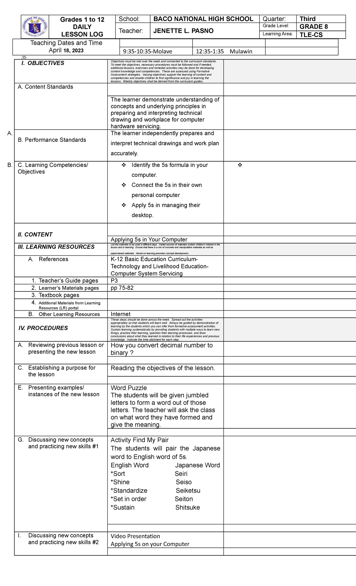 Cottle 8Dressmaking - Class Observation lesson plan - Grades 1 to 12 ...