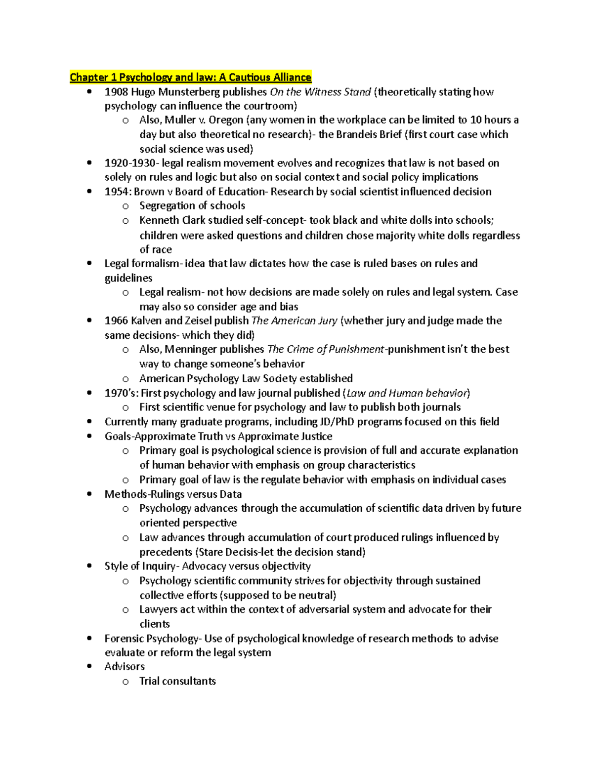 Psy 306 Lecture notes chpa 1-4 - Chapter 1 Psychology and law: A ...
