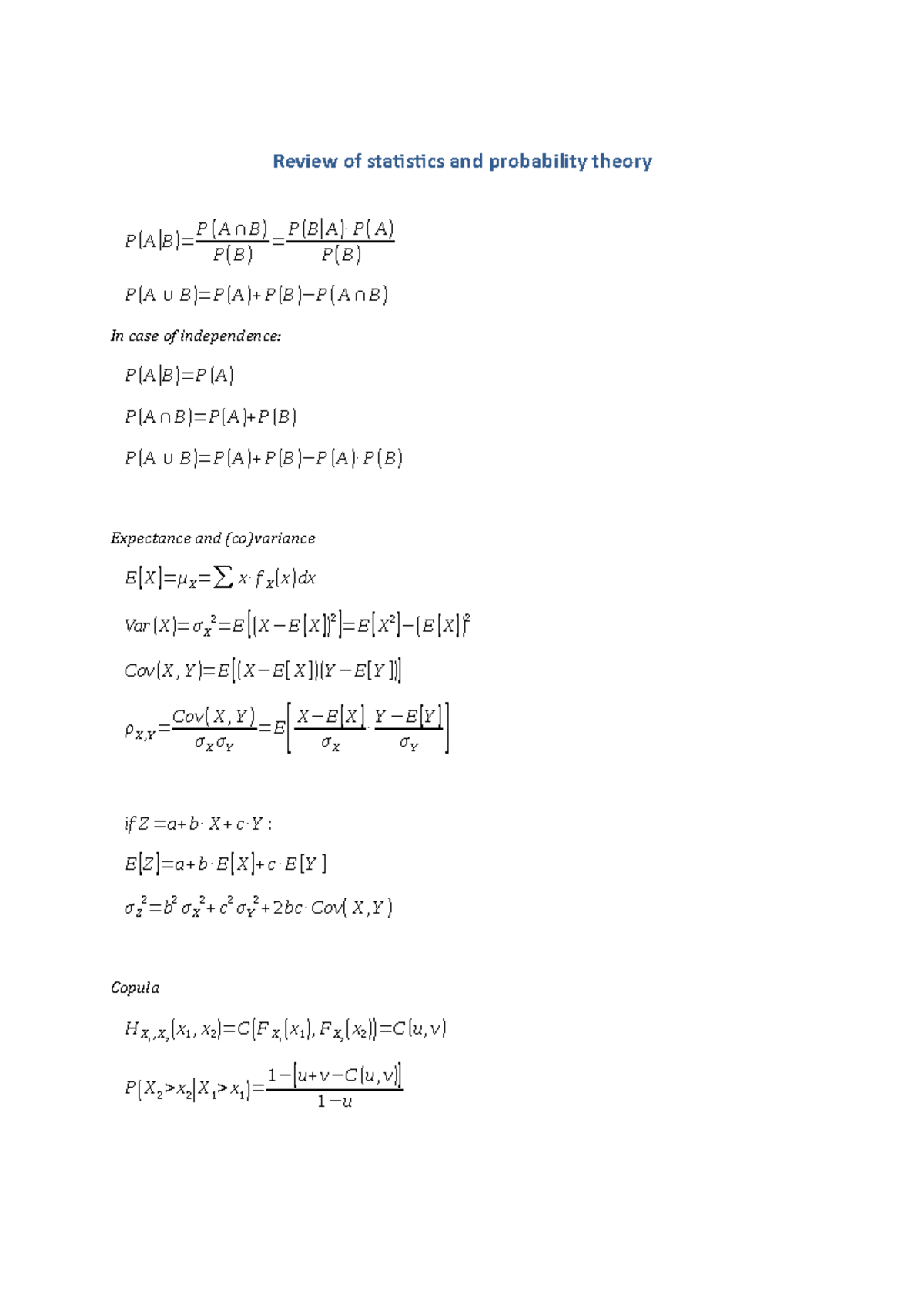 Formula Sheet For Exam - Review Of Statistics And Probability Theory P ...