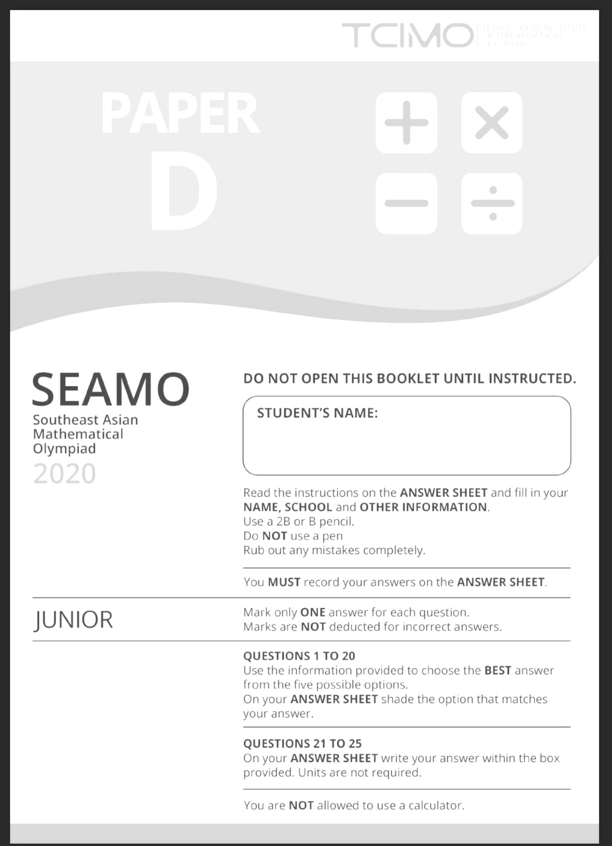 Seamo Paper D 2020 WITH Answers - MATH 999 - Studocu