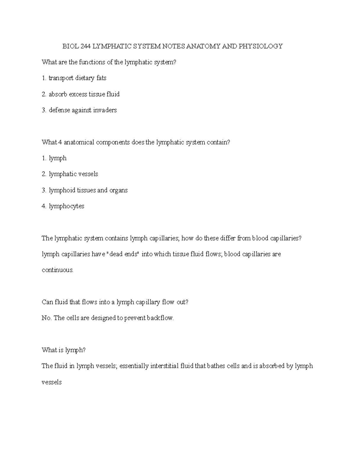 BIOL 244 Lymphatic System Notes Anatomy AND Physiology - BIOL 244 ...