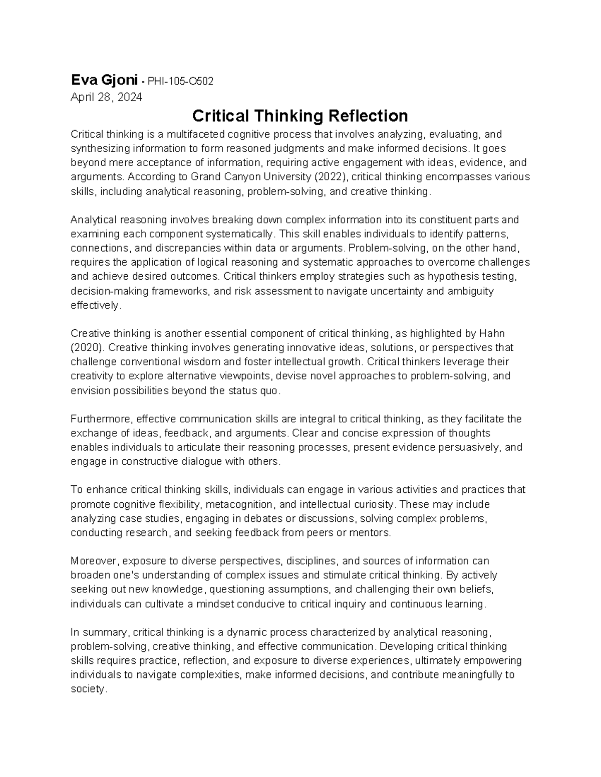 critical thinking reflection and perspective part ii