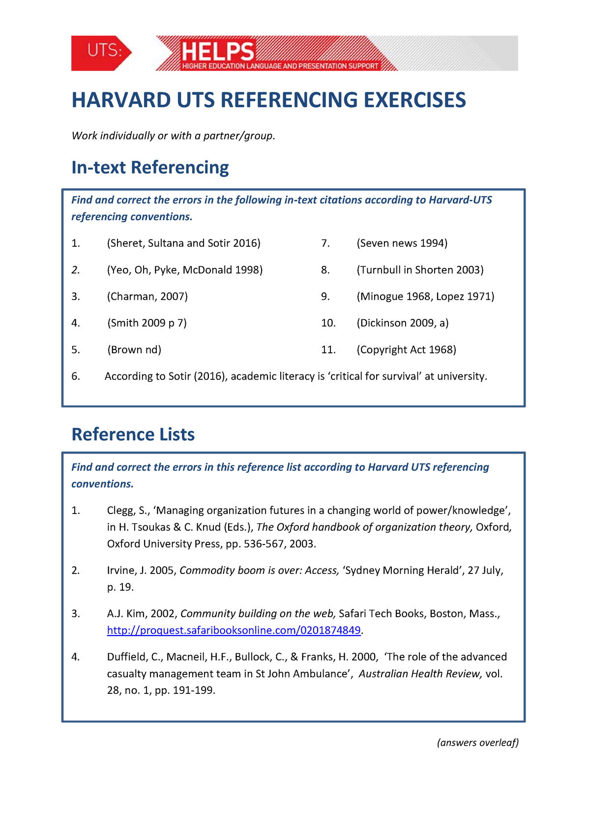 Harvard-UTS Referencing Handout - Activity - HARVARD UTS REFERENCING ...