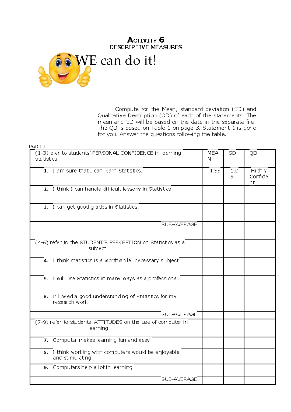 Activity 6 variation - ACTIVITY 6 DESCRIPTIVE MEASURES WE can do it ...