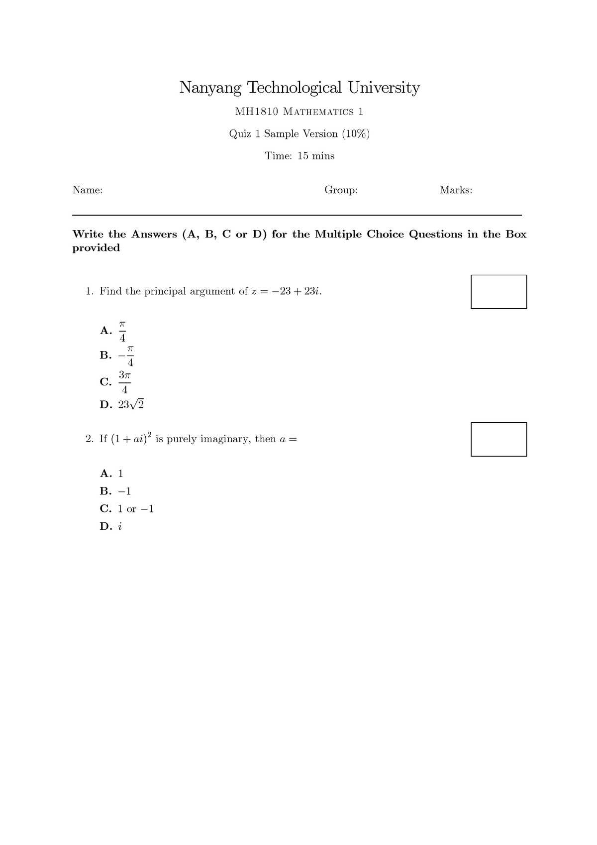 Sample Quiz1 - Nanyang Technological University MH1810 Mathematics 1 ...