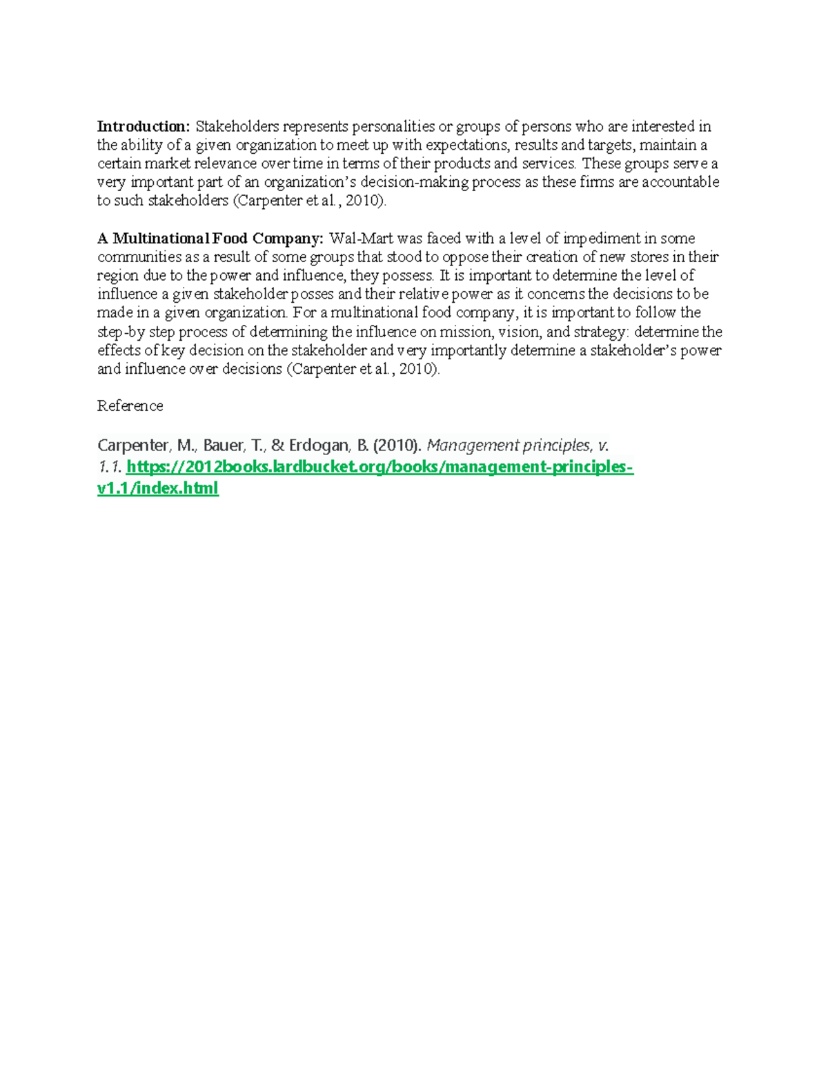 Discussion Assignment week 4 BUS 1101 - Introduction: Stakeholders ...