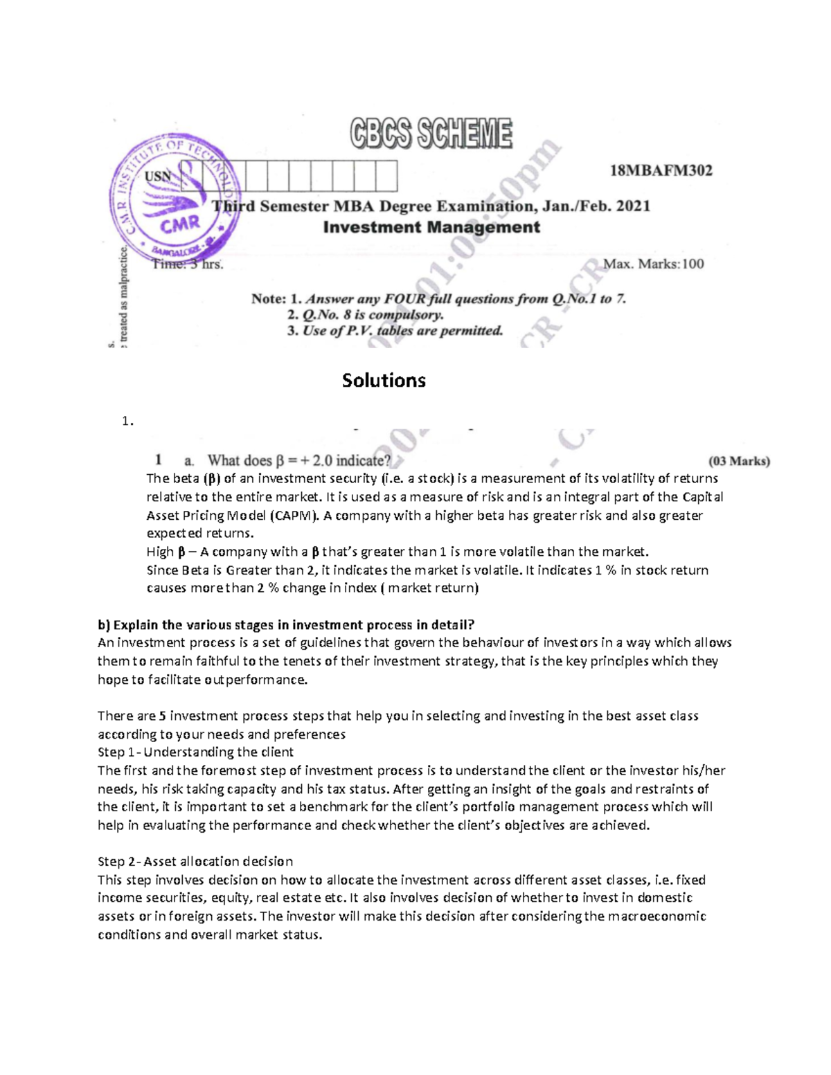 MBA Solved Qustion Paper Student - Solutions 1. The Beta (β) Of An ...