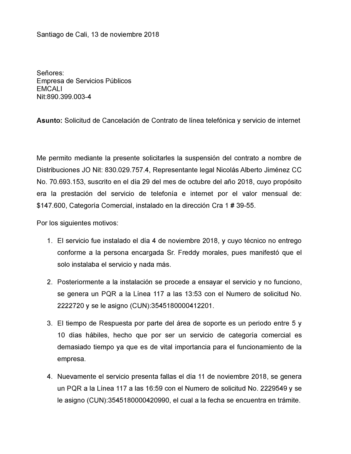 428474217 Carta De Cancelacion Contrato Emcali - Santiago De Cali, 13 ...