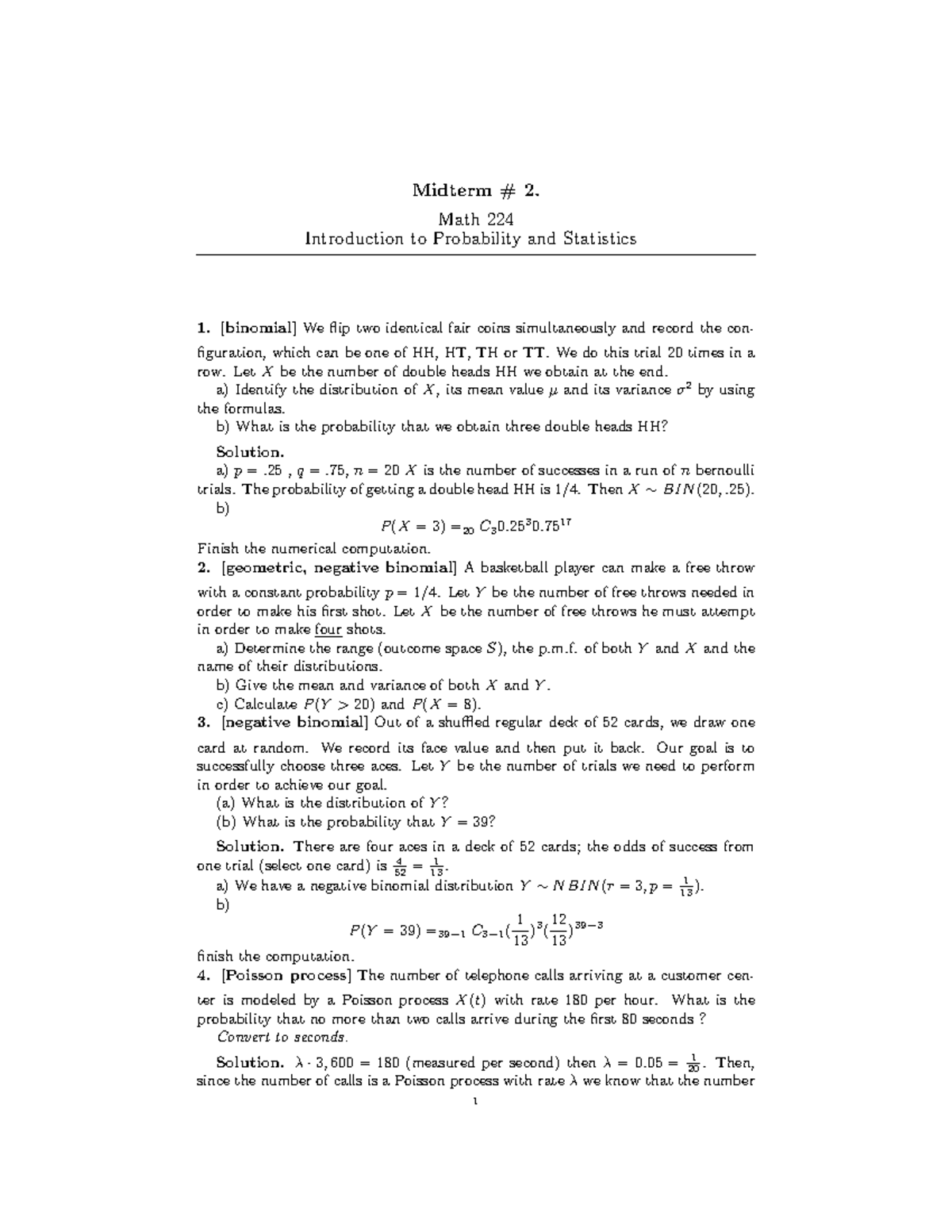 Fall 2006 Lecture Notes - Midterm # 2. Math 224 Introduction To Probability And Statistics - Studocu