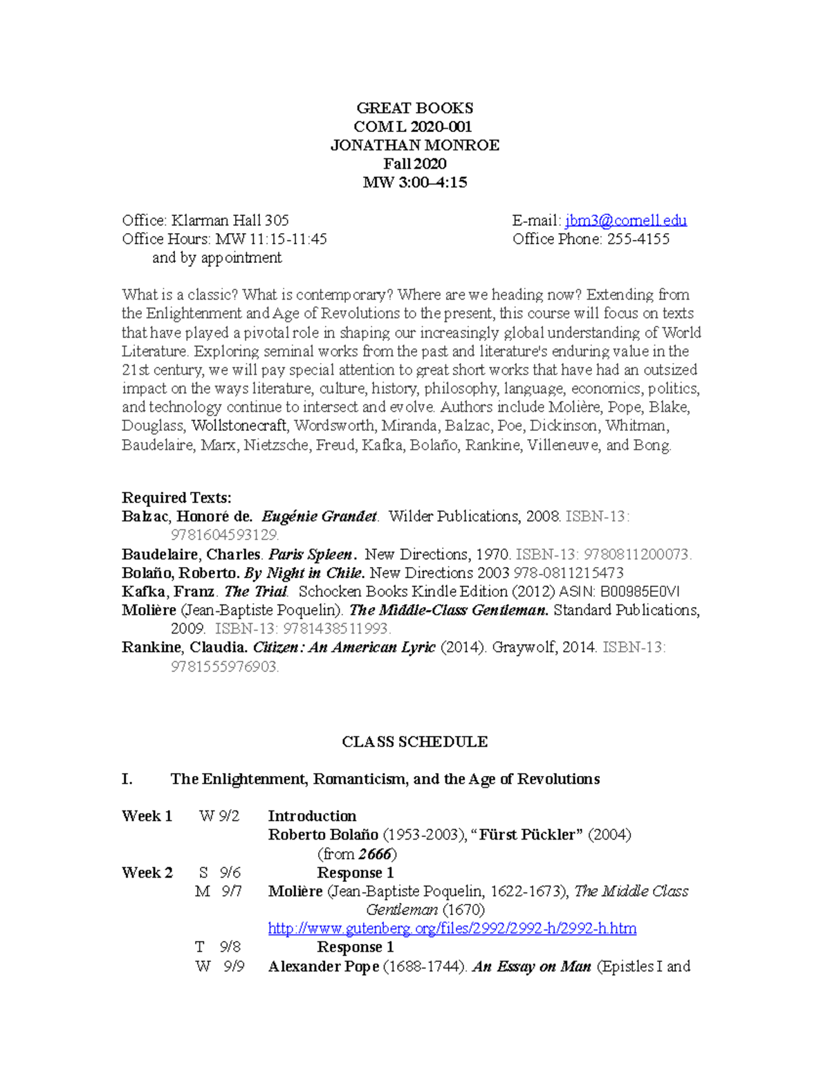 Great Books Syllabus GREAT BOOKS COM L 2020 JONATHAN MONROE Fall
