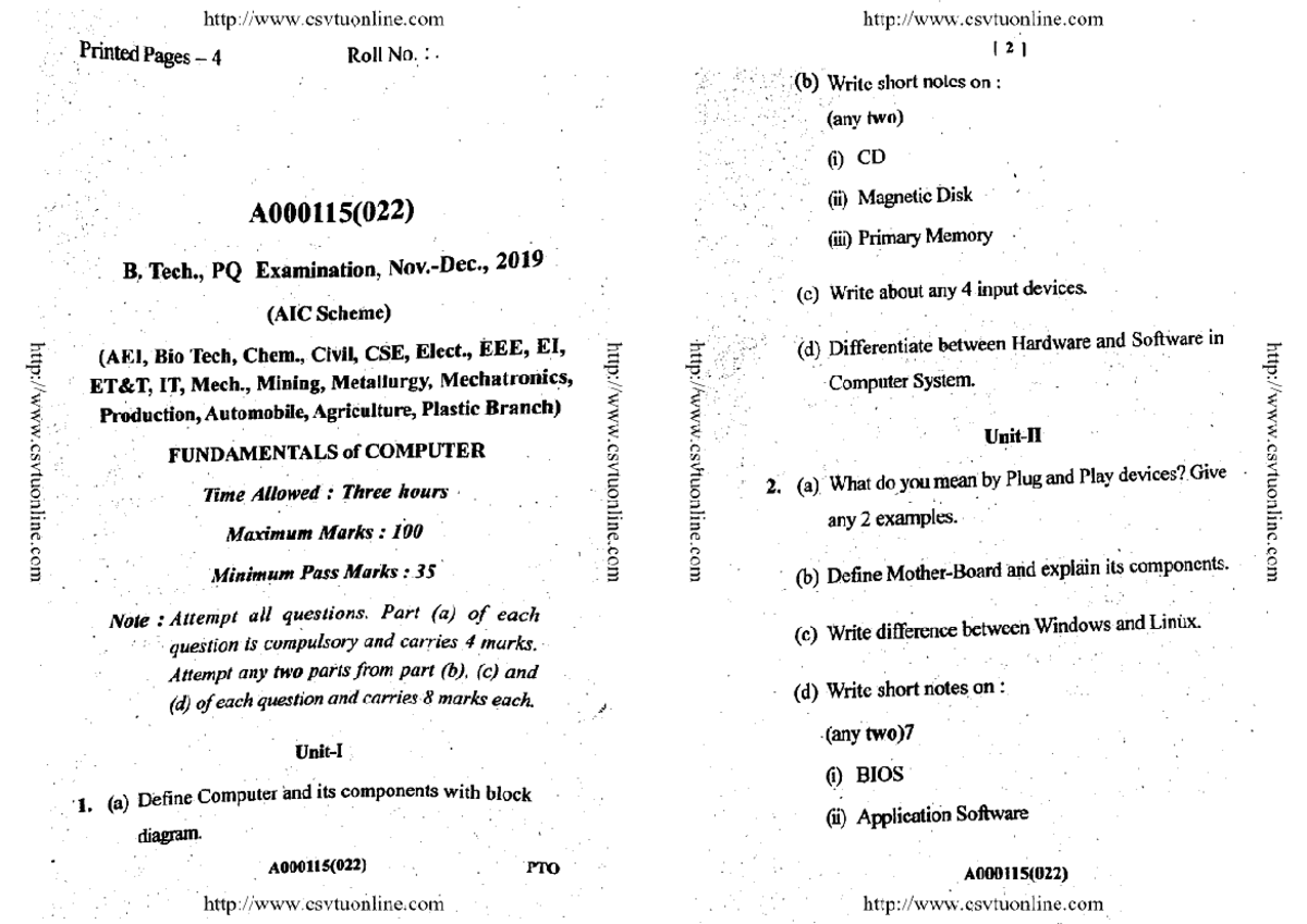 FOC 1st SEM question paper - B.Tech Computer Science and Engineering ...