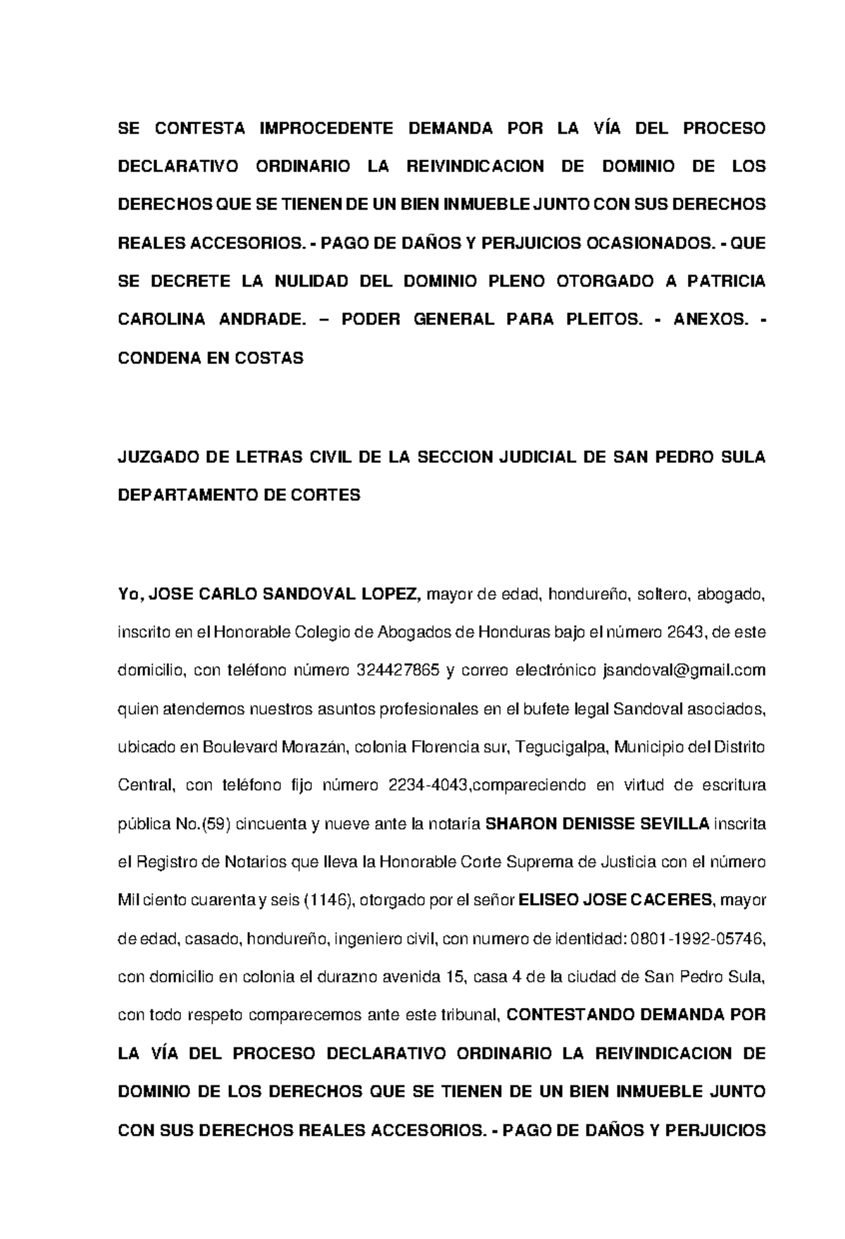 Contestacion DE Reivindicacion DE Dominio - SE CONTESTA IMPROCEDENTE ...