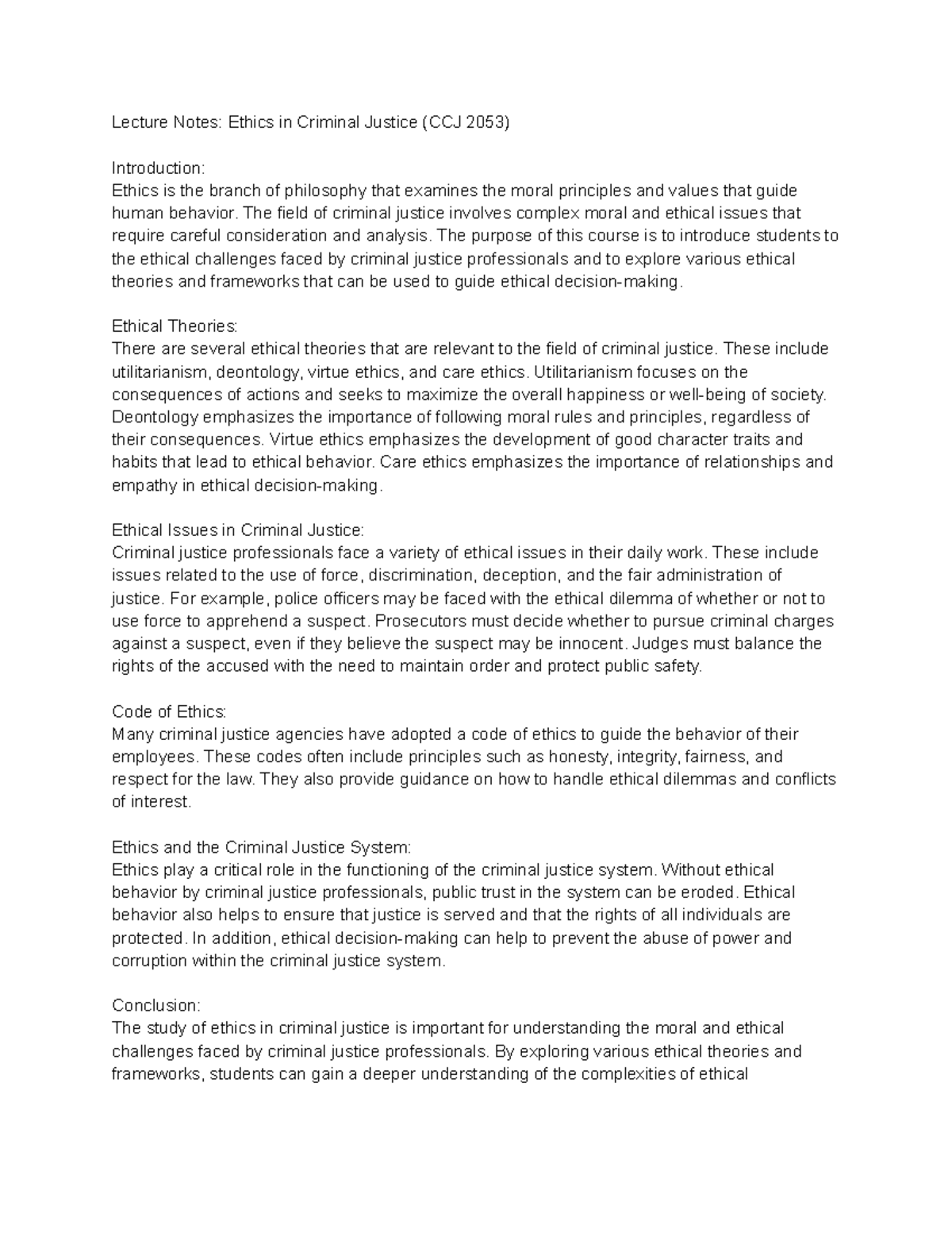 Ethics in Criminal Justice (CCJ 2053) The field of criminal justice
