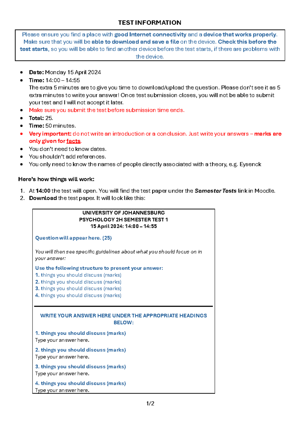 How the test will work - 73 easy steps - 1 / TEST INFORMATION Please ...