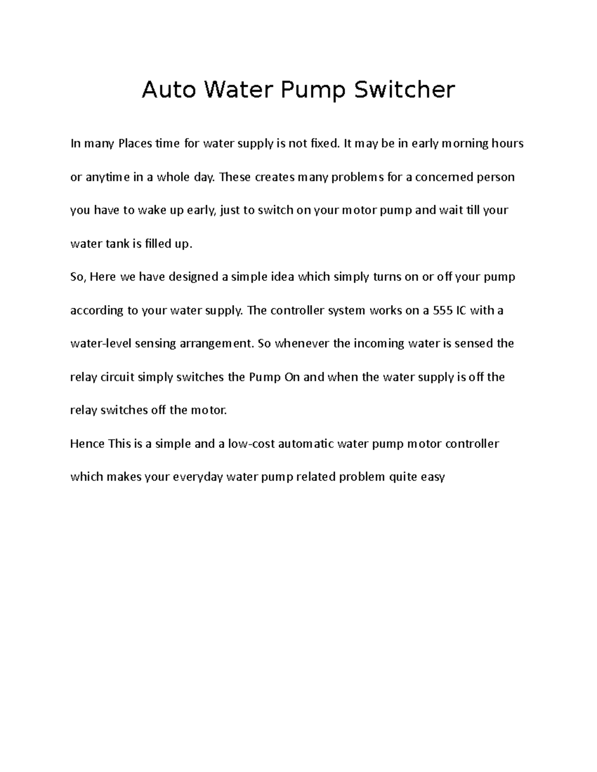 N406 electrical project Auto Water Pump Switcher In many Places