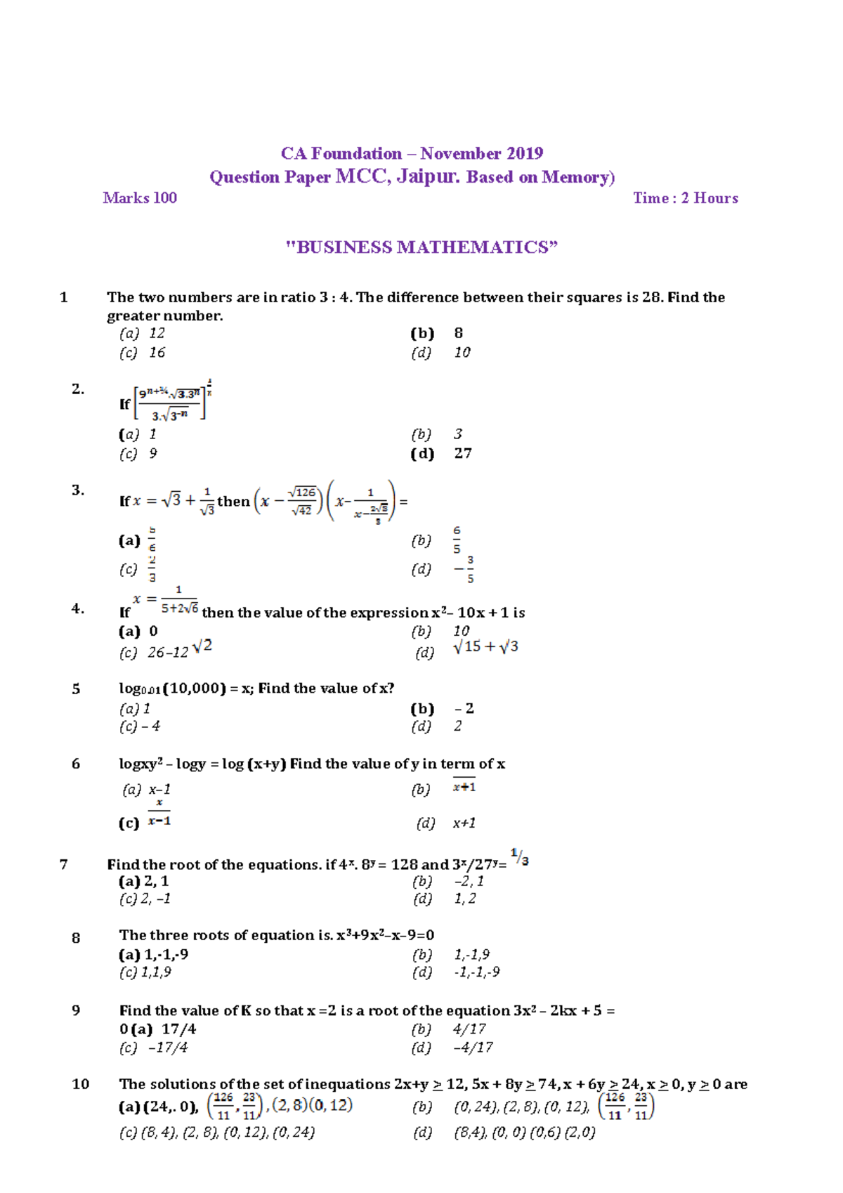 Ca Foundation Maths Statistics Question Paper With Answer Nov 2019 - Ca 