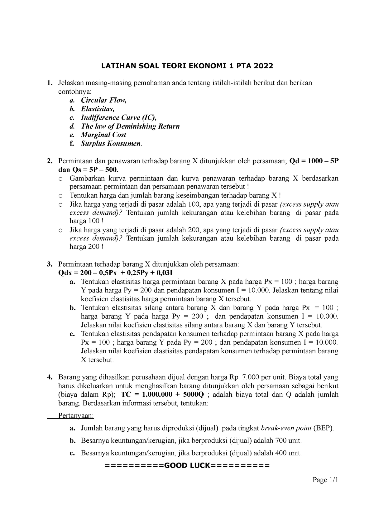 Elastisitas Utilitas Proses Dan Biaya Prosuksi Latihan Soal Teori Ekonomi 1 Pta 2022 2350