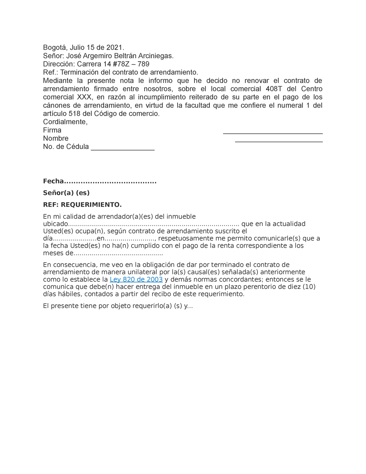 Carta no renovacion contrato de arrendamiento de local comercial - Bogotá,  Julio 15 de 2021. Señor: - Studocu
