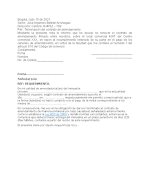 Carta no renovacion contrato de arrendamiento de local comercial - Bogotá,  Julio 15 de 2021. Señor: - Studocu